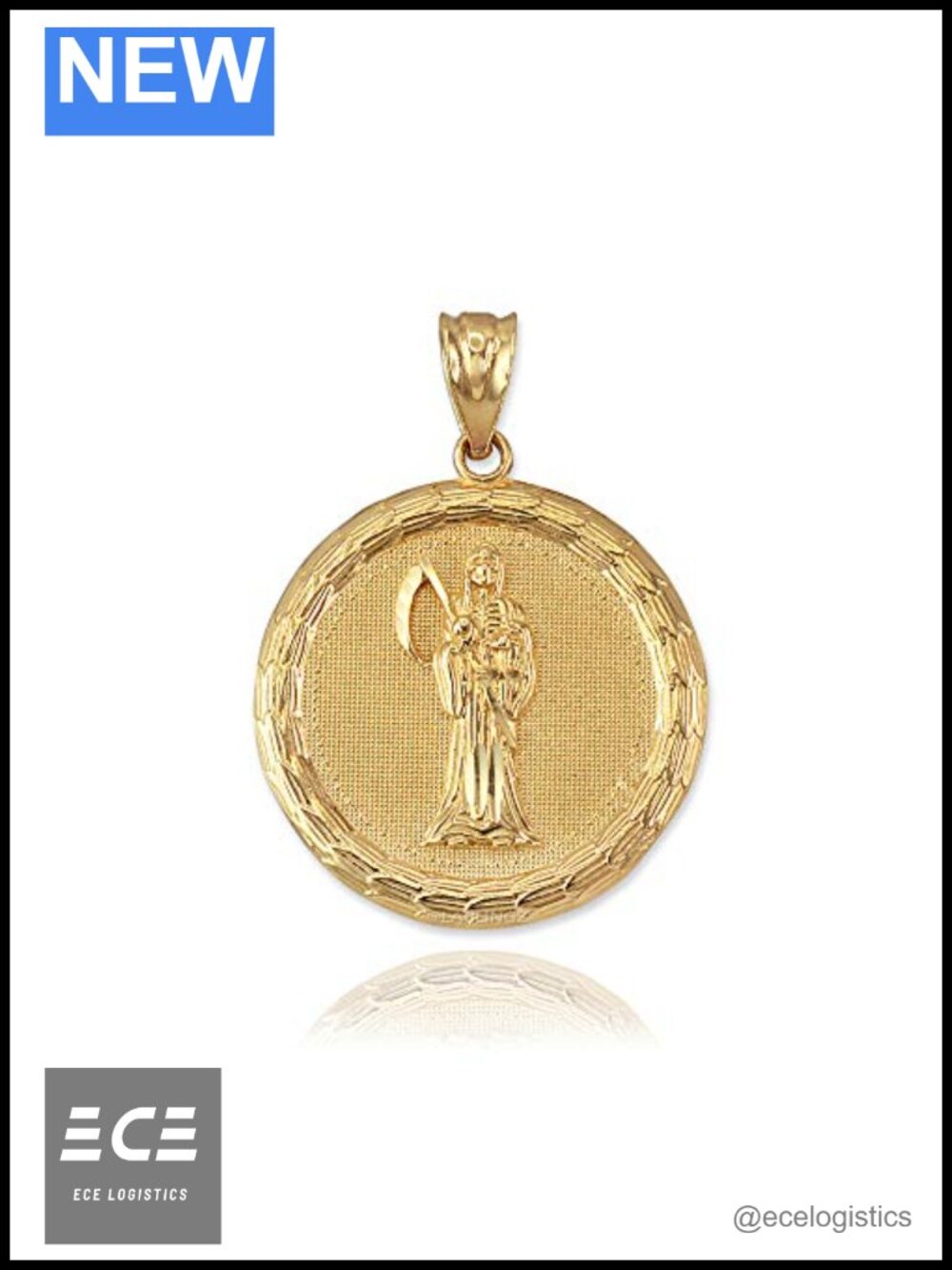14K Yellow Gold Santa Muerte Medallion Pendant Necklace Rolo Chain 18"